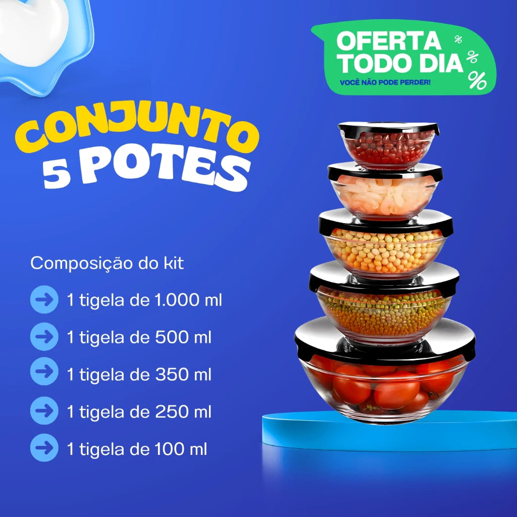 Conjunto Tigela Vidro Bowl Marmita Tampa 5 Peças