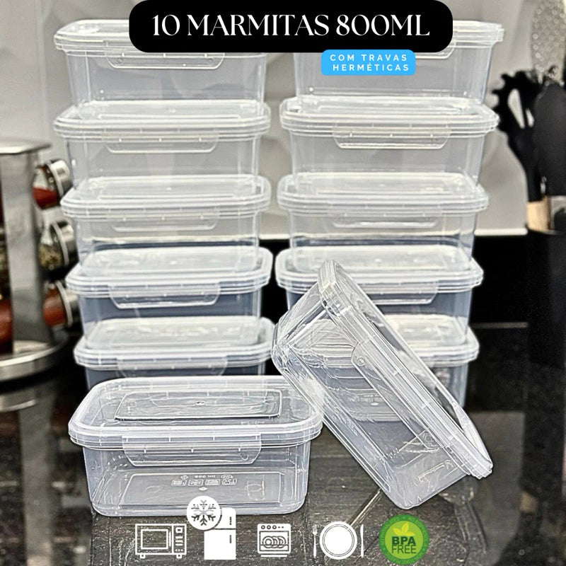 Kit 10 Marmita Potes 800ml com Travas Laterais BPA FREE Alimentos organizadores de congelador
