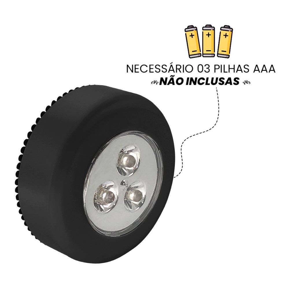 kit com 4 Luminária LED Touch Portátil com 3 LEDs Luz Branca Pilha AAA Ideal para Armário Closet Gaveta Emergência com Fita Adesiva