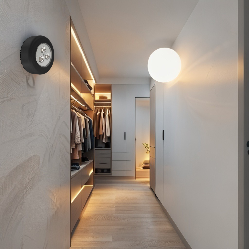 kit com 4 Luminária LED Touch Portátil com 3 LEDs Luz Branca Pilha AAA Ideal para Armário Closet Gaveta Emergência com Fita Adesiva